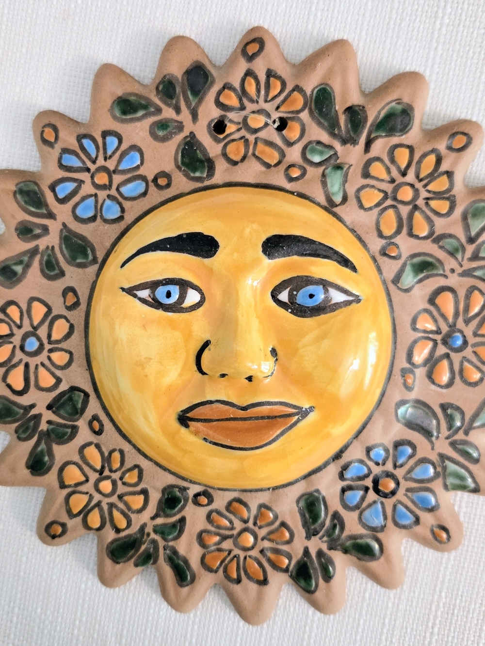 Terra Cotta Floral Sun Face Wall Hanging Indoor Outdoor 8" Plaque Southwest